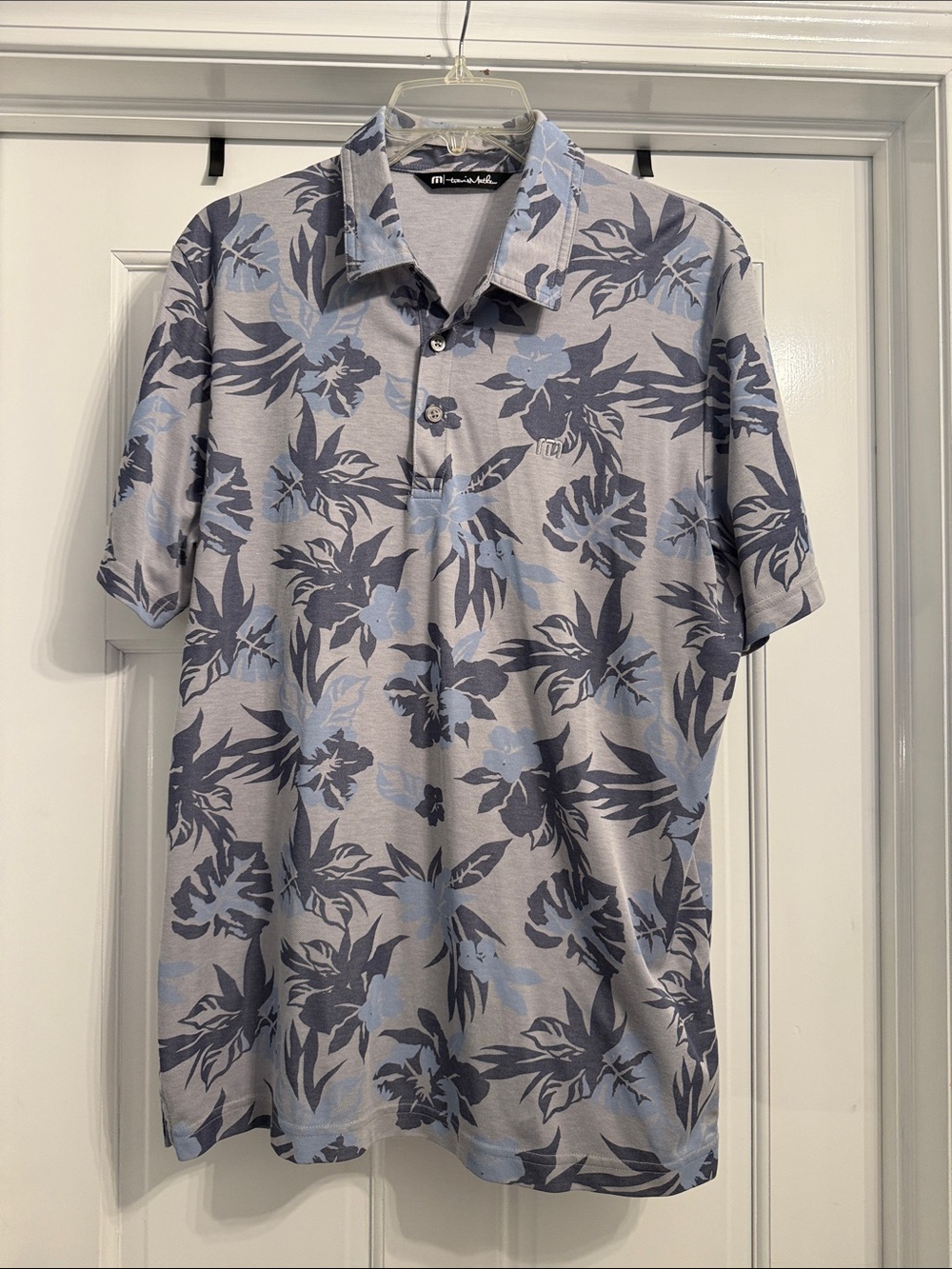 Men's Travis Mathew Floral Polo Shirt - Light Gray & Blue size large